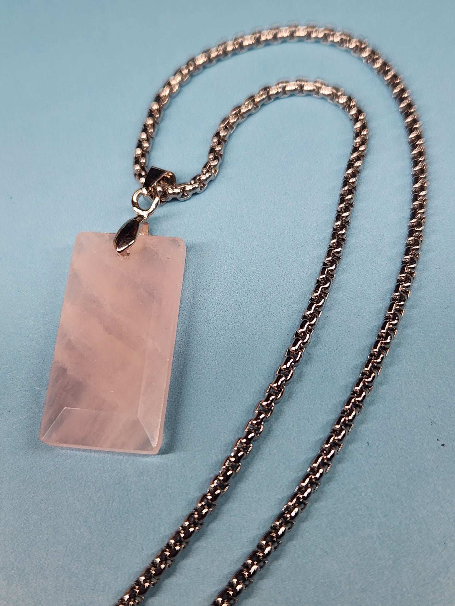 Rose Quartz Necklace with Stainless Steel Box Chain