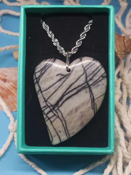 Black Network Heart Necklace with 20" Stainless Steel Rope Chain