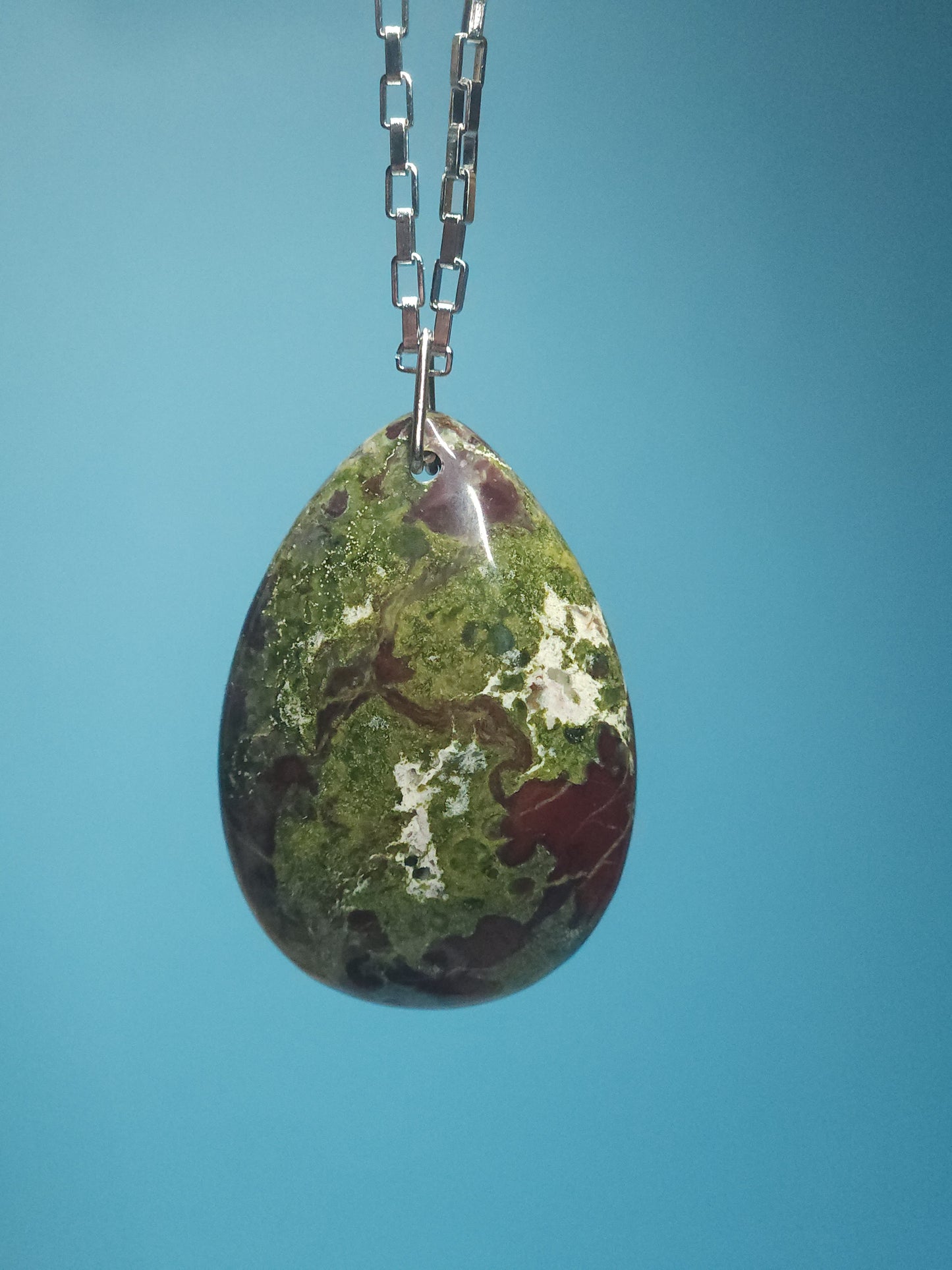 African Bloodstone Necklace with 20" Stainless Steel Box Chain