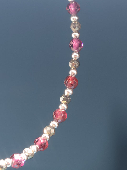Garnet and Pyrite Stainless Cable Bracelet 6.5-7.5 inch