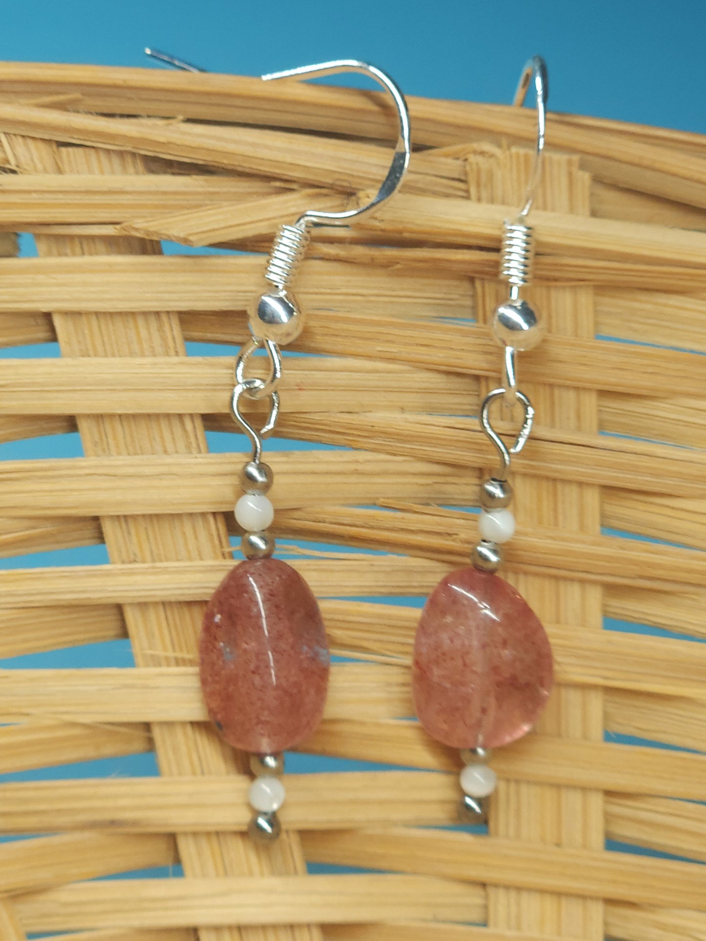 Strawberry Quartz and Mother of Pearl Dangle Earrings