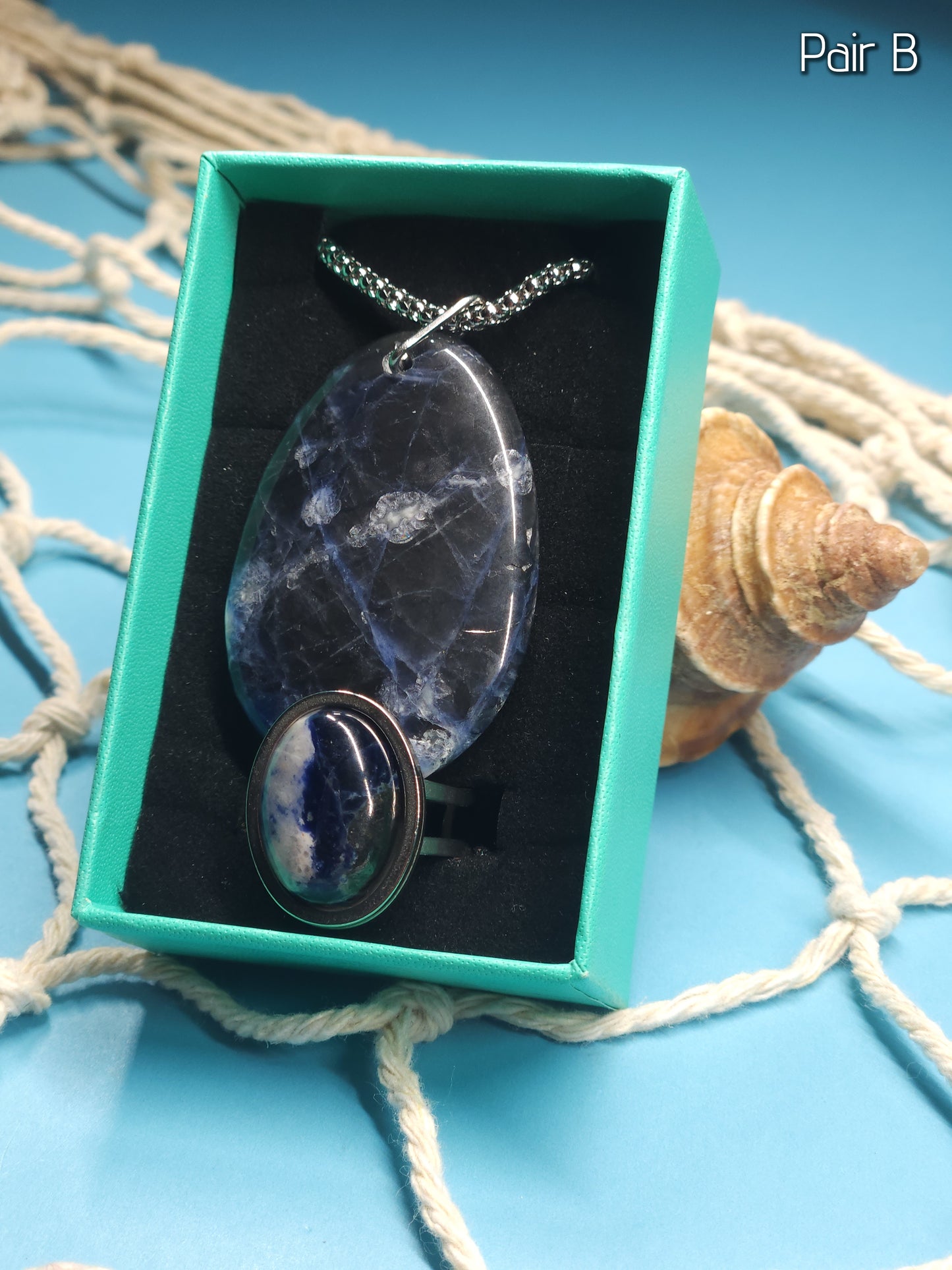 Sodalite Set - Adjustable Ring and Pendant with 18" Popcorn Chain