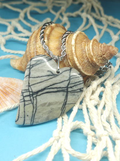 Black Network Heart Necklace with 20" Stainless Steel Rope Chain