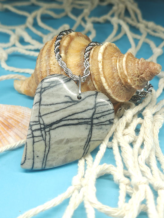 Black Network Heart Necklace with 20" Stainless Steel Rope Chain