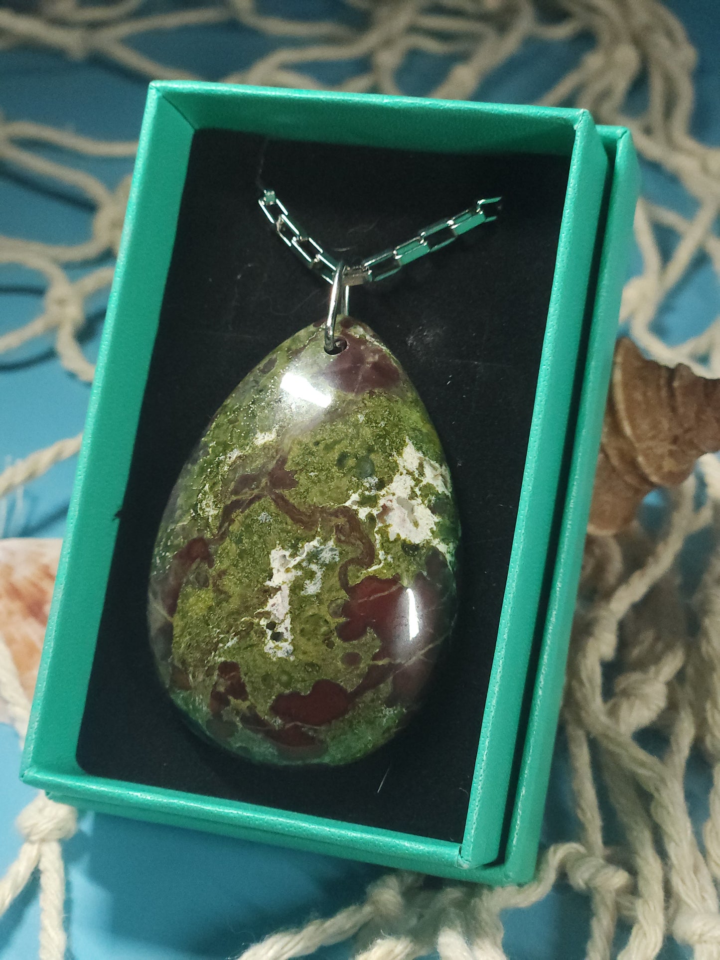 African Bloodstone Necklace with 20" Stainless Steel Box Chain