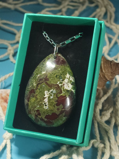 African Bloodstone Necklace with 20" Stainless Steel Box Chain