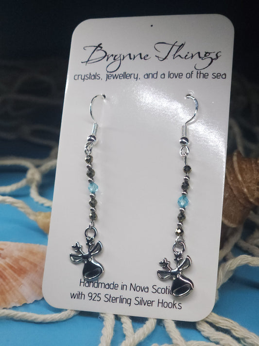 Pyrite and Topaz Faceted Earrings with Moose Charm