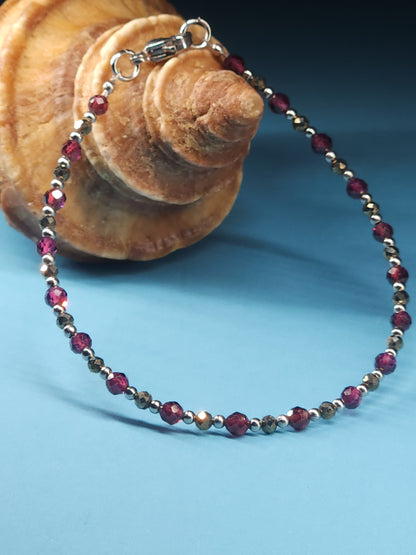 Garnet and Pyrite Stainless Cable Bracelet 6.5-7.5 inch