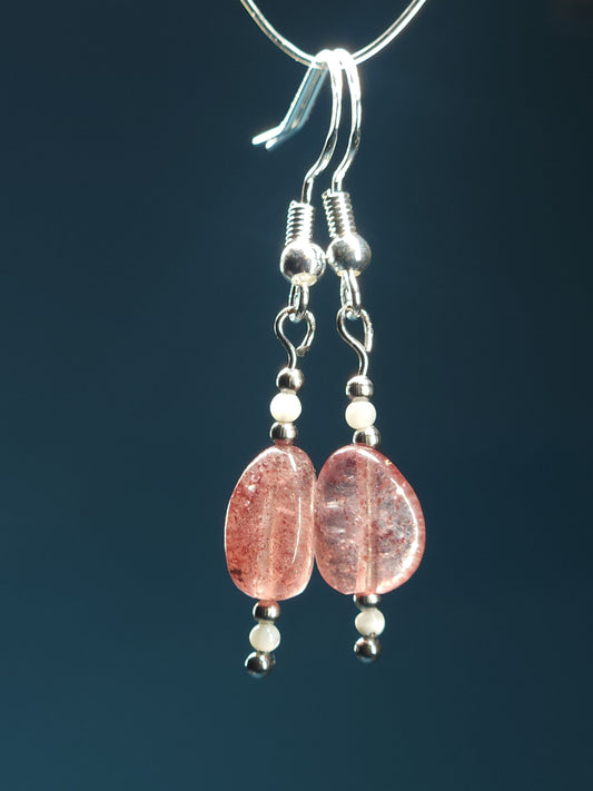 Strawberry Quartz and Mother of Pearl Dangle Earrings