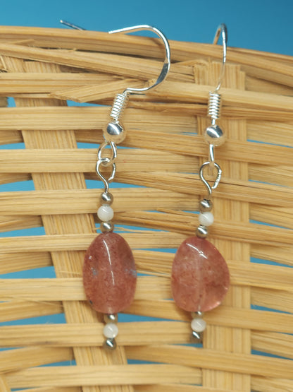Strawberry Quartz and Mother of Pearl Dangle Earrings
