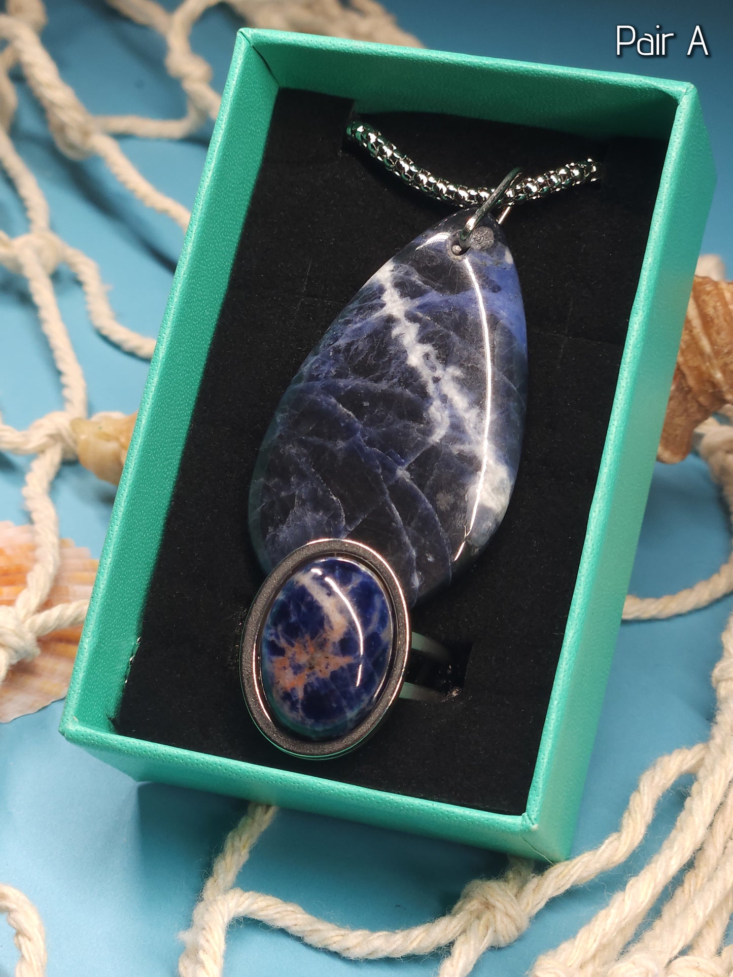 Sodalite Set - Adjustable Ring and Pendant with 18" Popcorn Chain