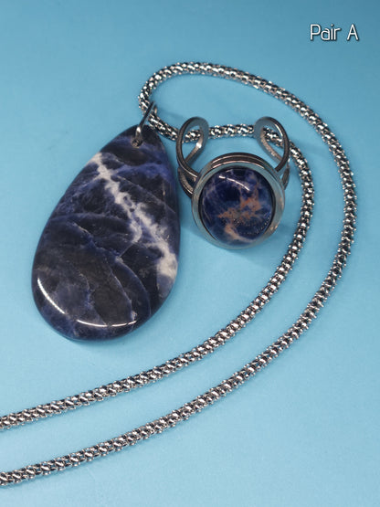 Sodalite Set - Adjustable Ring and Pendant with 18" Popcorn Chain