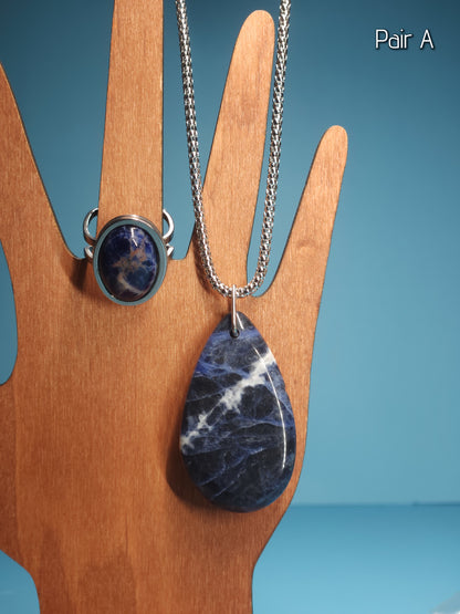 Sodalite Set - Adjustable Ring and Pendant with 18" Popcorn Chain
