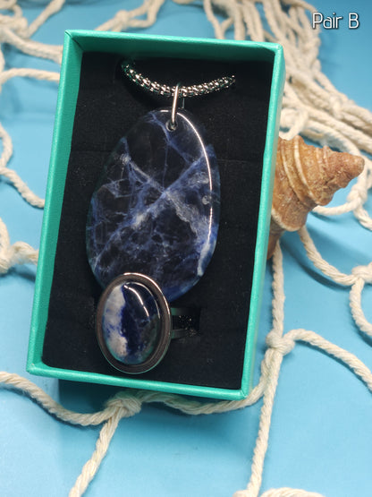 Sodalite Set - Adjustable Ring and Pendant with 18" Popcorn Chain