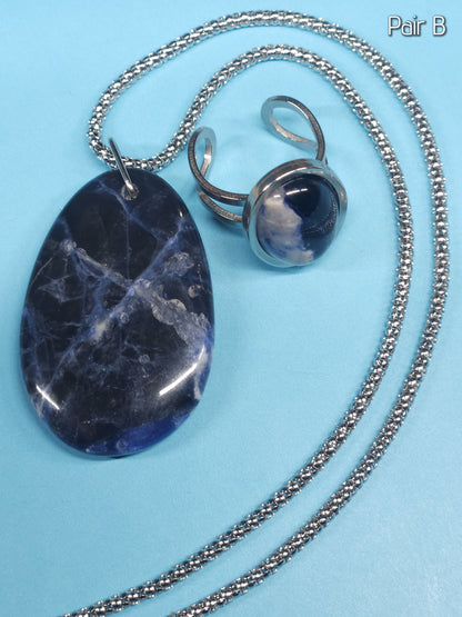 Sodalite Set - Adjustable Ring and Pendant with 18" Popcorn Chain