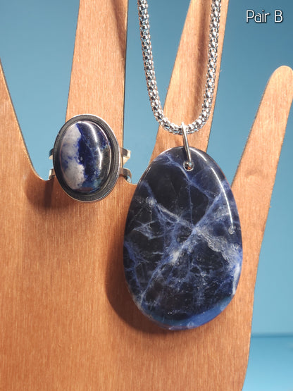 Sodalite Set - Adjustable Ring and Pendant with 18" Popcorn Chain