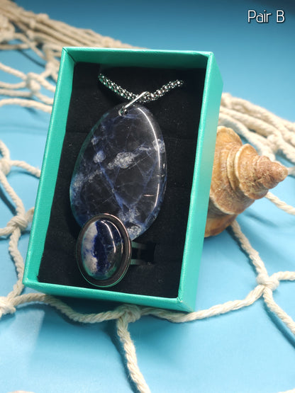 Sodalite Set - Adjustable Ring and Pendant with 18" Popcorn Chain