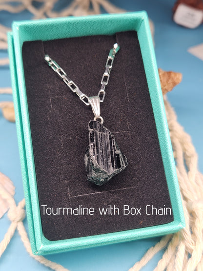 Tourmaline Necklace with Stainless Steel Box or Tube Chain