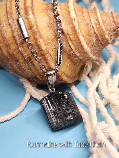 Tourmaline Necklace with Stainless Steel Box or Tube Chain